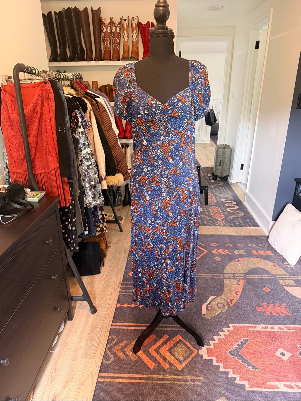 Idyllwind Beth Blue Floral Midi Dress with Orange Floral Accents